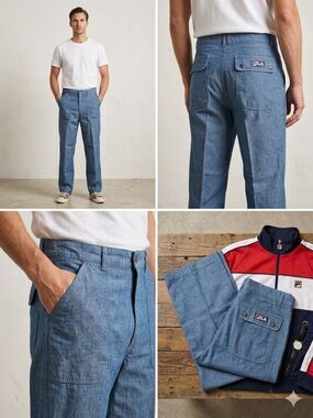Vintage 70s 80s FILA Chambray Utility Pants Mens 34x27 Made in USA Workwear Blue